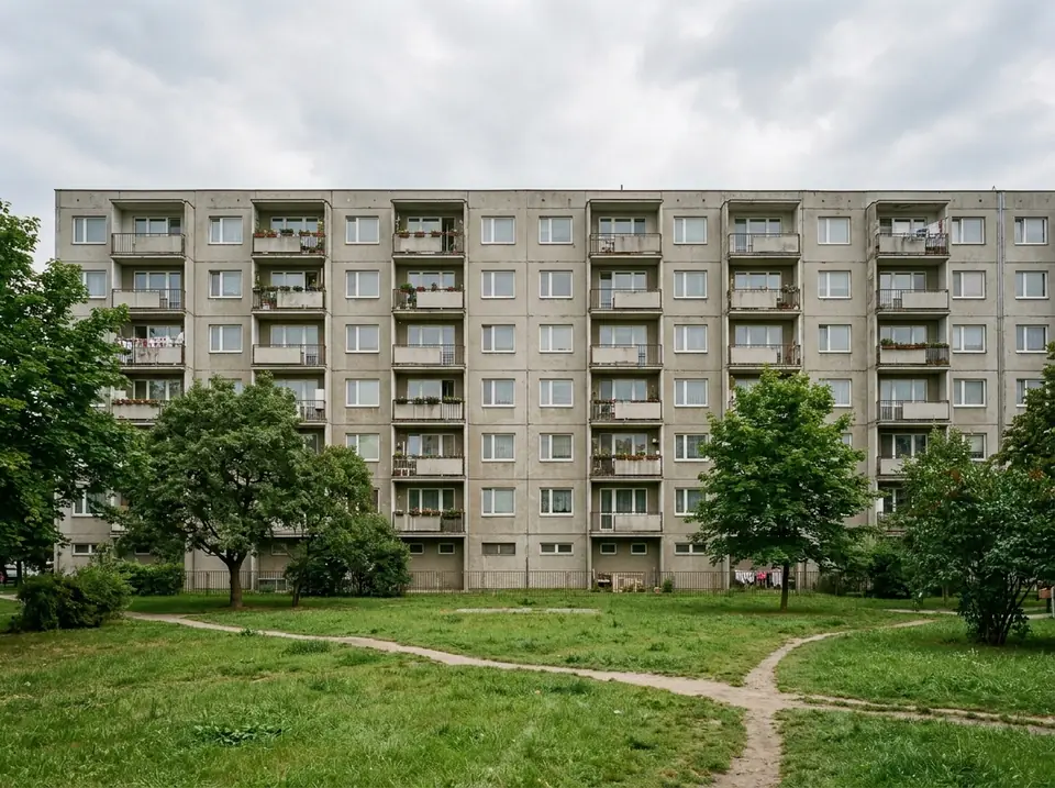 Többszintes panelház udvari oldala erkélysorokkal, füves terület és fák előtte